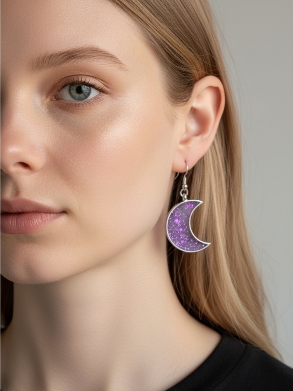 10/2 Silver Moon Drop Earrings with Purple Glitter Inlay